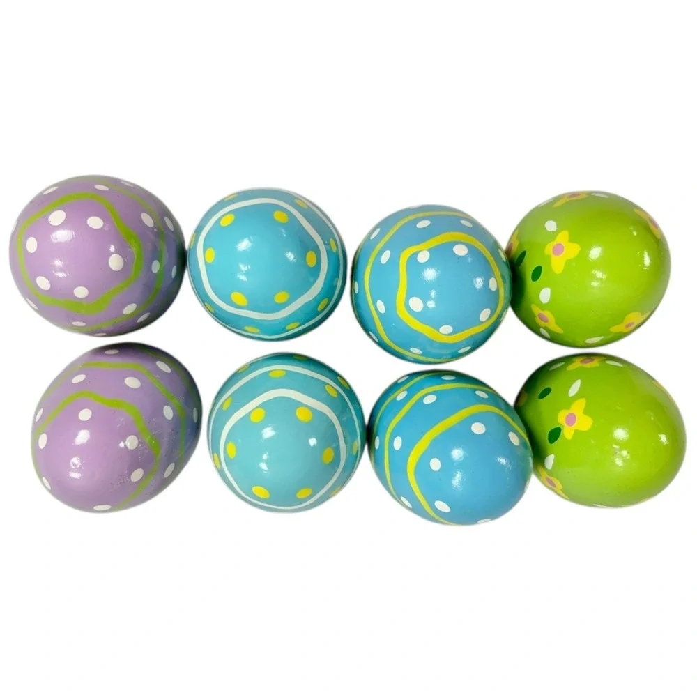 Set of 8 Wooden‎ Easter Eggs Stripes Dots Flowers